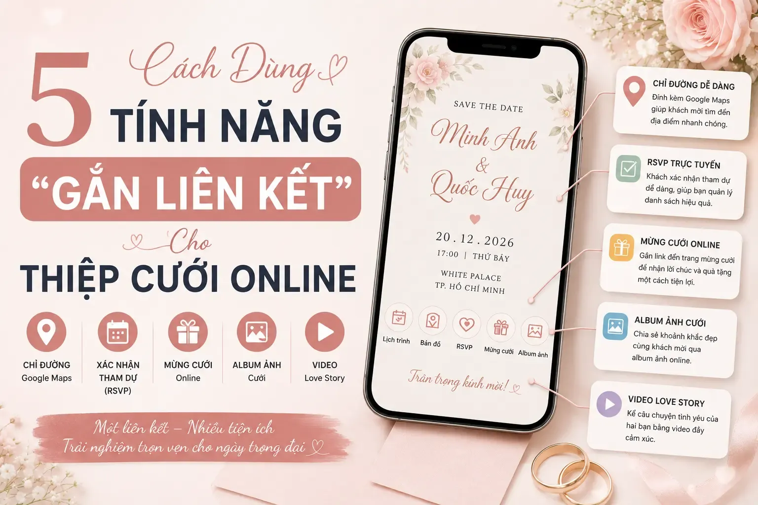 5 Cách Dùng Tính Năng "Gắn Liên Kết" Cho Thiệp Cưới Online