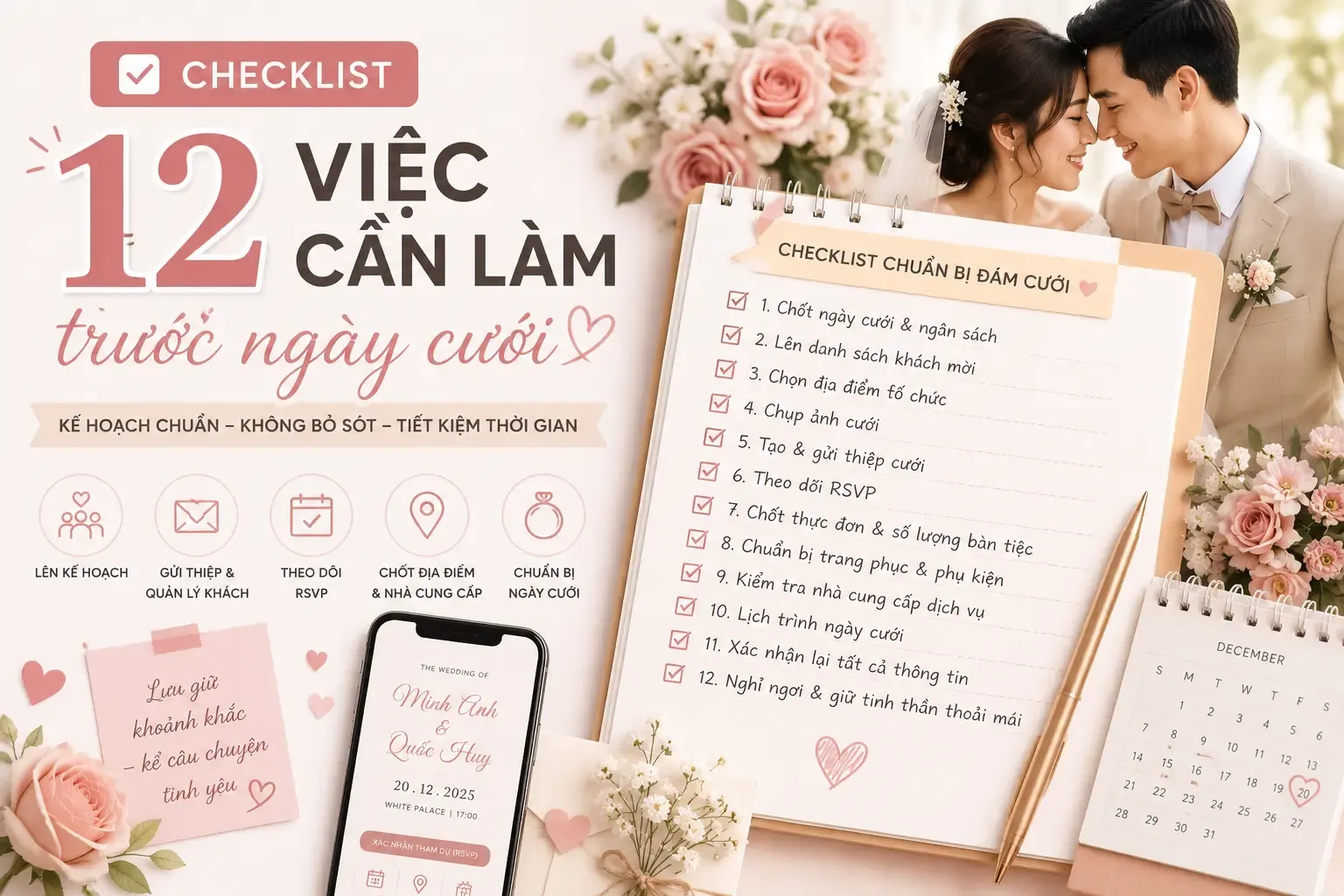 Ảnh checklist chuẩn bị đám cưới: 12 việc cô dâu chú rể nên làm trước ngày cưới